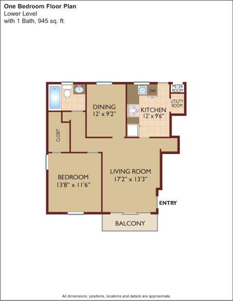 Floor plan for 1 bed, 1 bath, 945 sqft